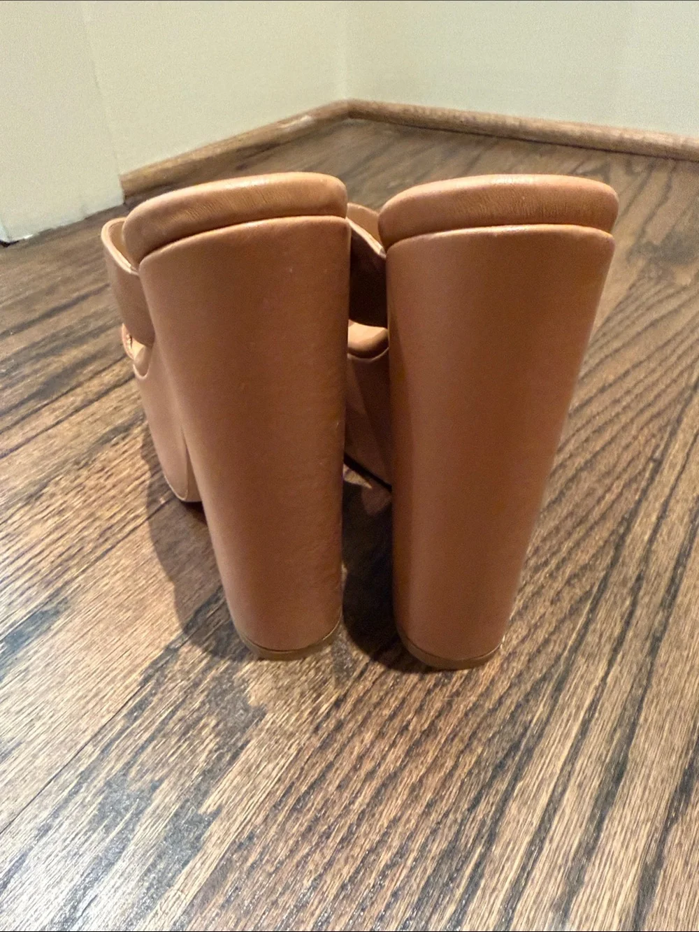 Stuart Weitzman Tan Leather Crisscross Platform Mules
